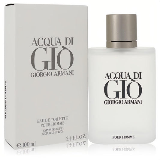 Acqua Di Gio by Giorgio Armani 3.4 oz men's Eau de Toilette. Frosted glass spray bottle with silver cap and white box.