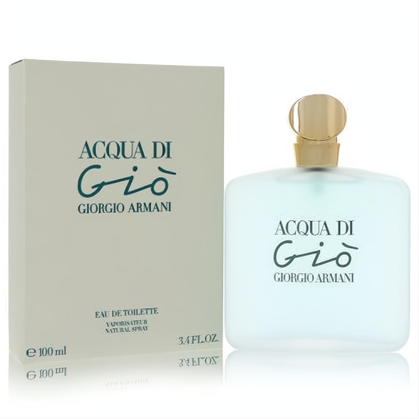 Acqua Di Gio Giorgio Armani 3.4 oz EDT spray. Frosted light blue bottle with elegant gold cap, displayed with its sophisticated beige box.