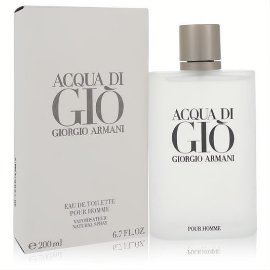 Acqua Di Gio Giorgio Armani 6.7 oz Eau De Toilette for men. Iconic frosted white bottle with silver cap and matching minimalist box.