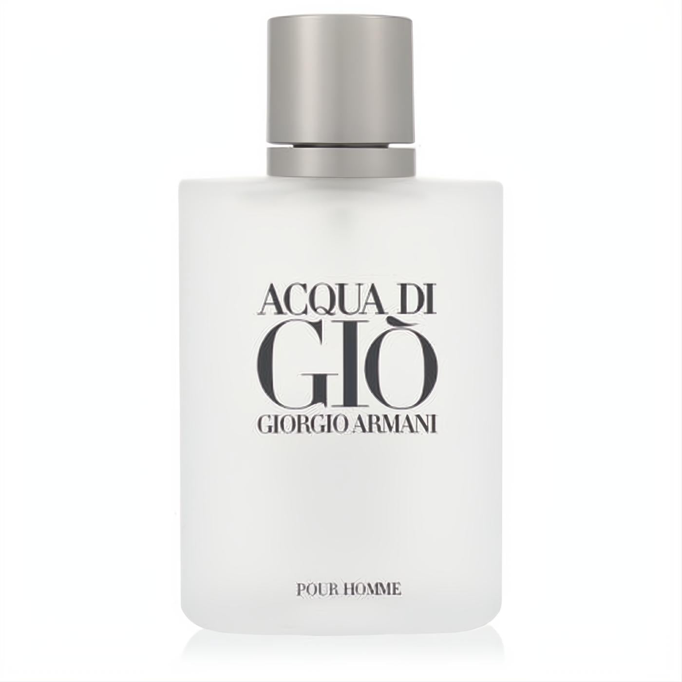 Giorgio Armani Acqua Di Gio Pour Homme in a sleek frosted white glass bottle with a silver cap.