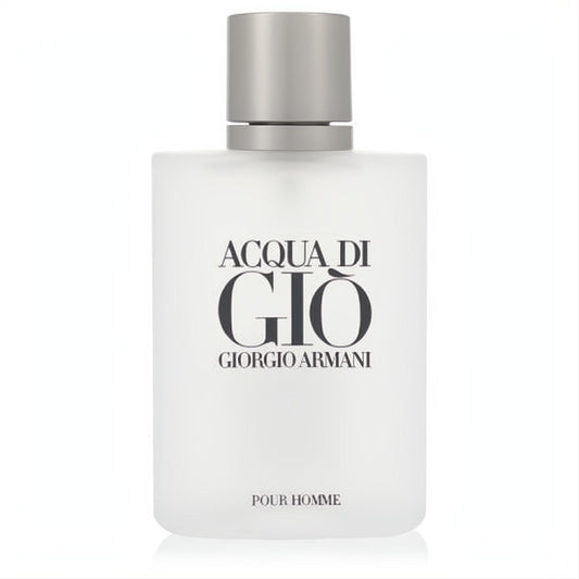 Giorgio Armani Acqua Di Gio Pour Homme in a sleek frosted white glass bottle with a silver cap.