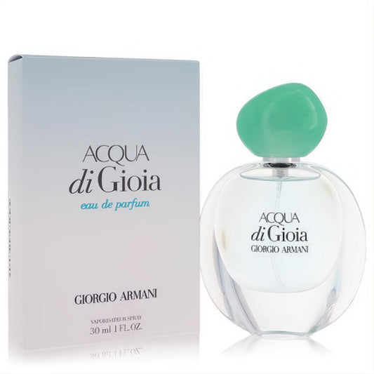 Iconic Giorgio Armani Acqua Di Gioia 1 oz Eau De Parfum spray, clear bottle with a distinctive green cap and fresh blue box.