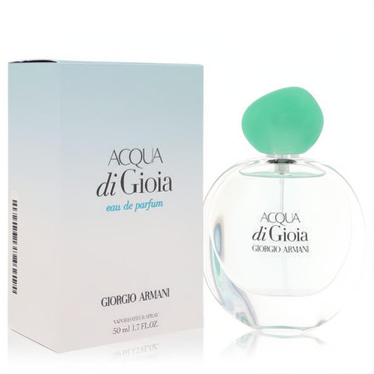 Acqua Di Gioia 1.7 oz Eau De Parfum: clear glass bottle with a refreshing light green pebble cap and serene blue box.