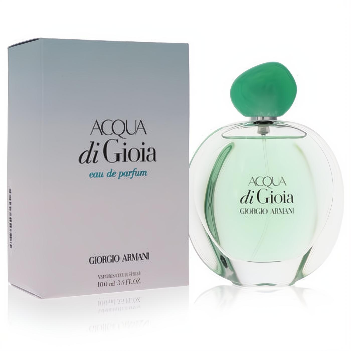 Acqua Di Gioia Giorgio Armani 3.4 oz EDP. Clear glass bottle, refreshing green liquid, unique organic green cap. Box included.