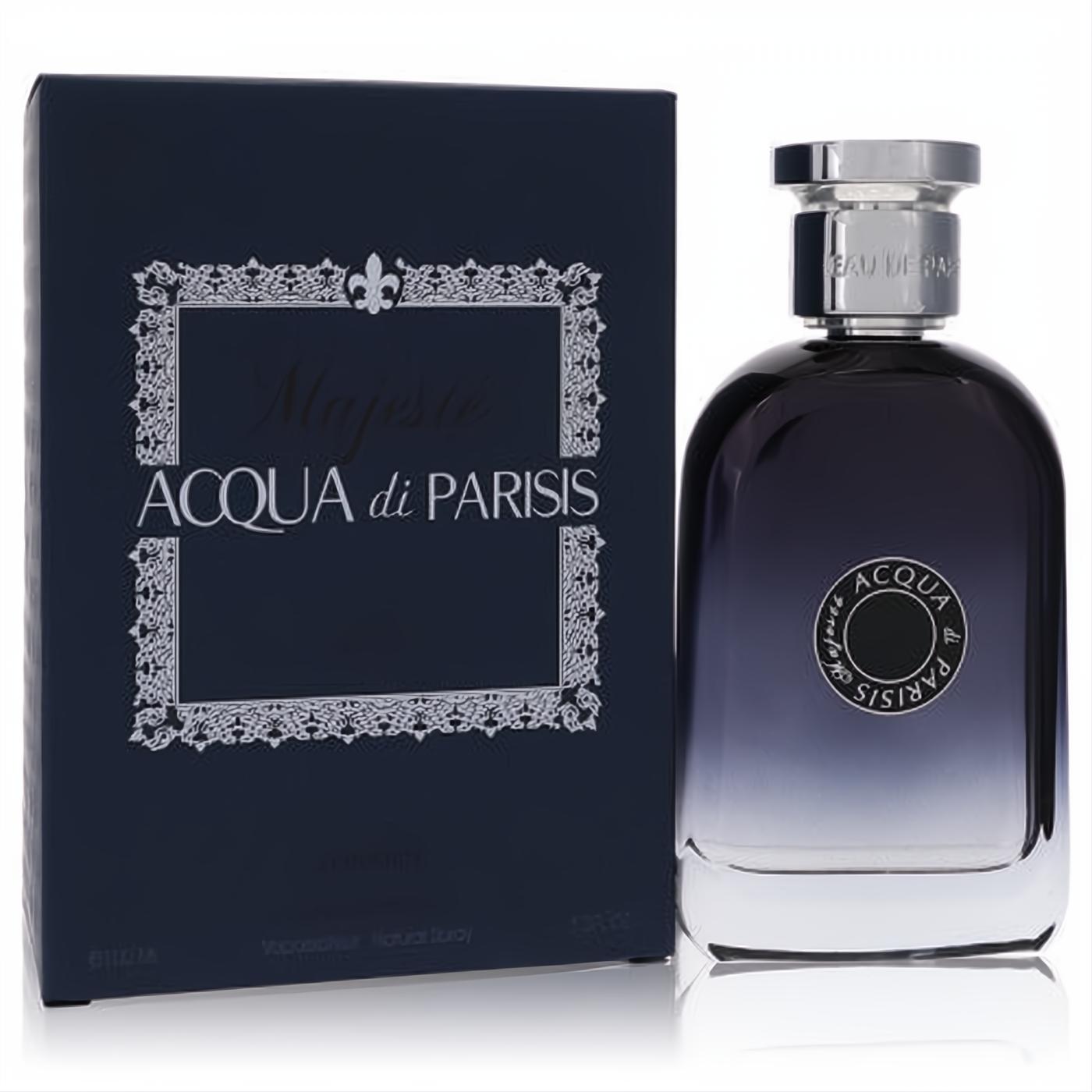 Elegant Acqua Di Parisis Majeste 3.3 oz men's fragrance. Dark blue box and sleek gradient glass bottle with silver cap.