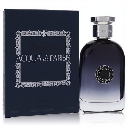 Elegant Acqua Di Parisis Majeste 3.3 oz men's fragrance. Dark blue box and sleek gradient glass bottle with silver cap.