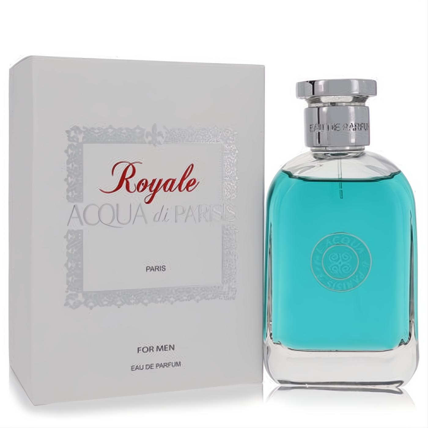 Luxurious Acqua Di Parisis Royale men's 3.3 oz Eau De Parfum. Clear bottle with striking aqua blue fragrance, silver cap, and elegant white box.