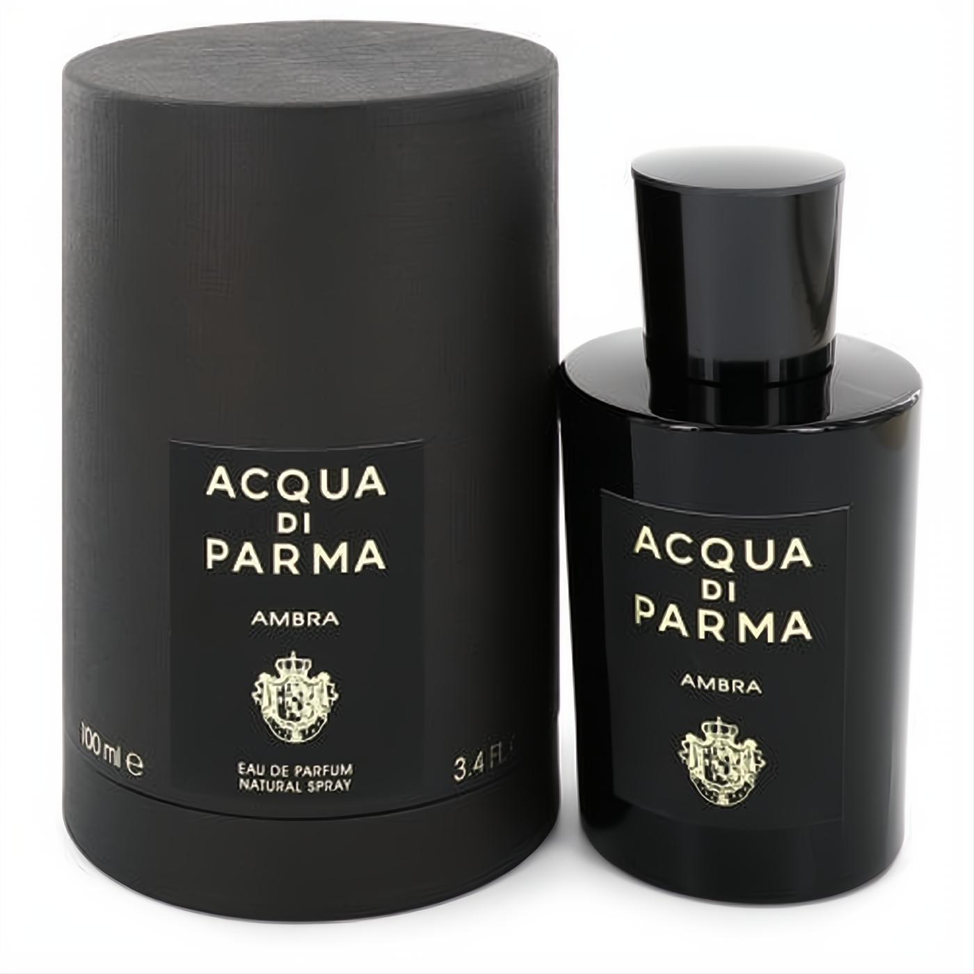 Sophisticated Acqua Di Parma Ambra 3.4 oz black Eau de Parfum spray and matching cylindrical box with elegant gold branding.
