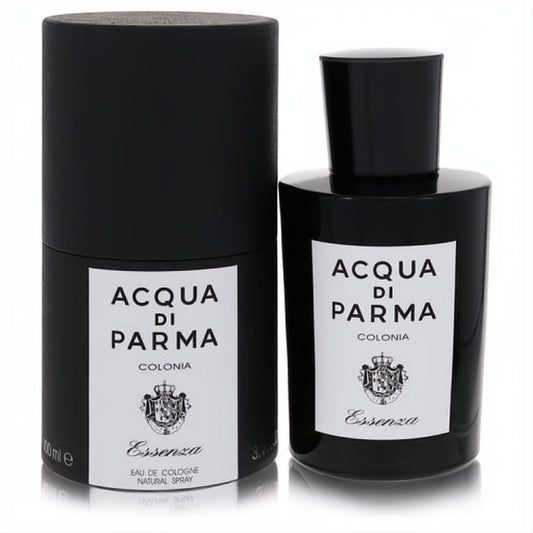 Elegant Acqua Di Parma Colonia Essenza 3.4 oz men's eau de cologne spray in a black glass bottle with white label and matching box.