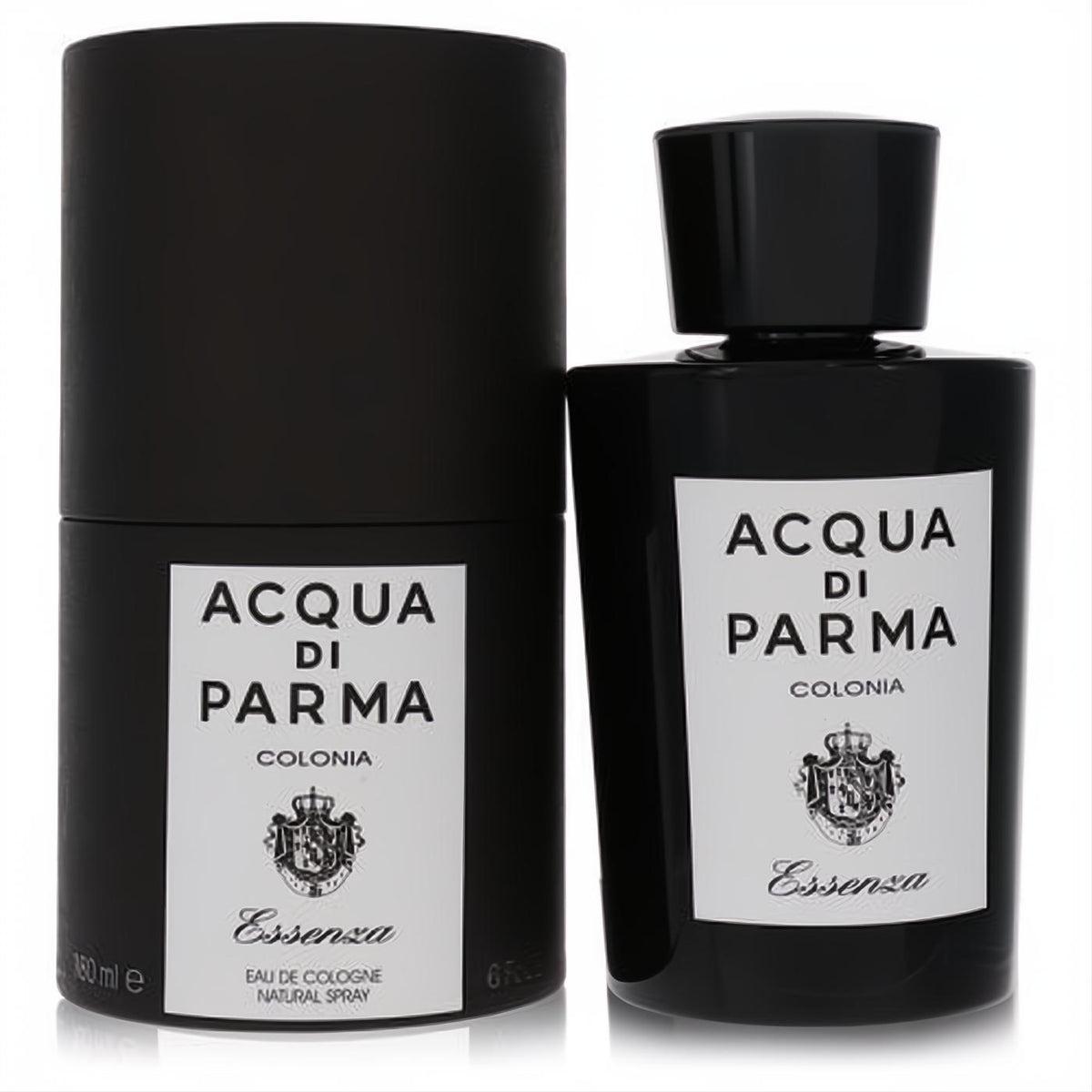 Luxurious black Acqua Di Parma Colonia Essenza 6 oz men's cologne bottle and matching cylindrical box with elegant white labels.