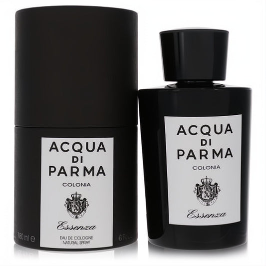 Luxurious black Acqua Di Parma Colonia Essenza 6 oz men's cologne bottle and matching cylindrical box with elegant white labels.