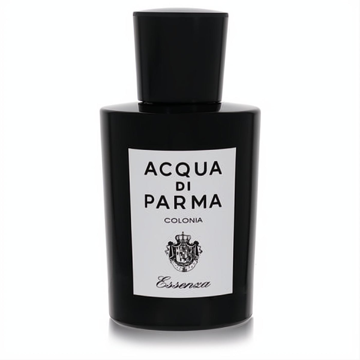 Luxurious Acqua Di Parma Colonia Essenza men's cologne. Sleek black bottle, white label, and elegant crest.