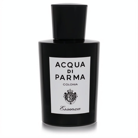 Luxurious Acqua Di Parma Colonia Essenza men's cologne. Sleek black bottle, white label, and elegant crest.