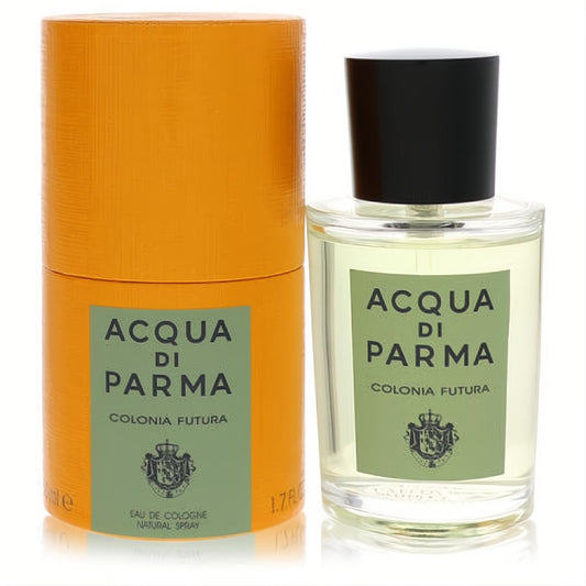 Acqua Di Parma Colonia Futura 1.7 oz unisex cologne: clear glass bottle with green label, black cap, and vibrant orange box.
