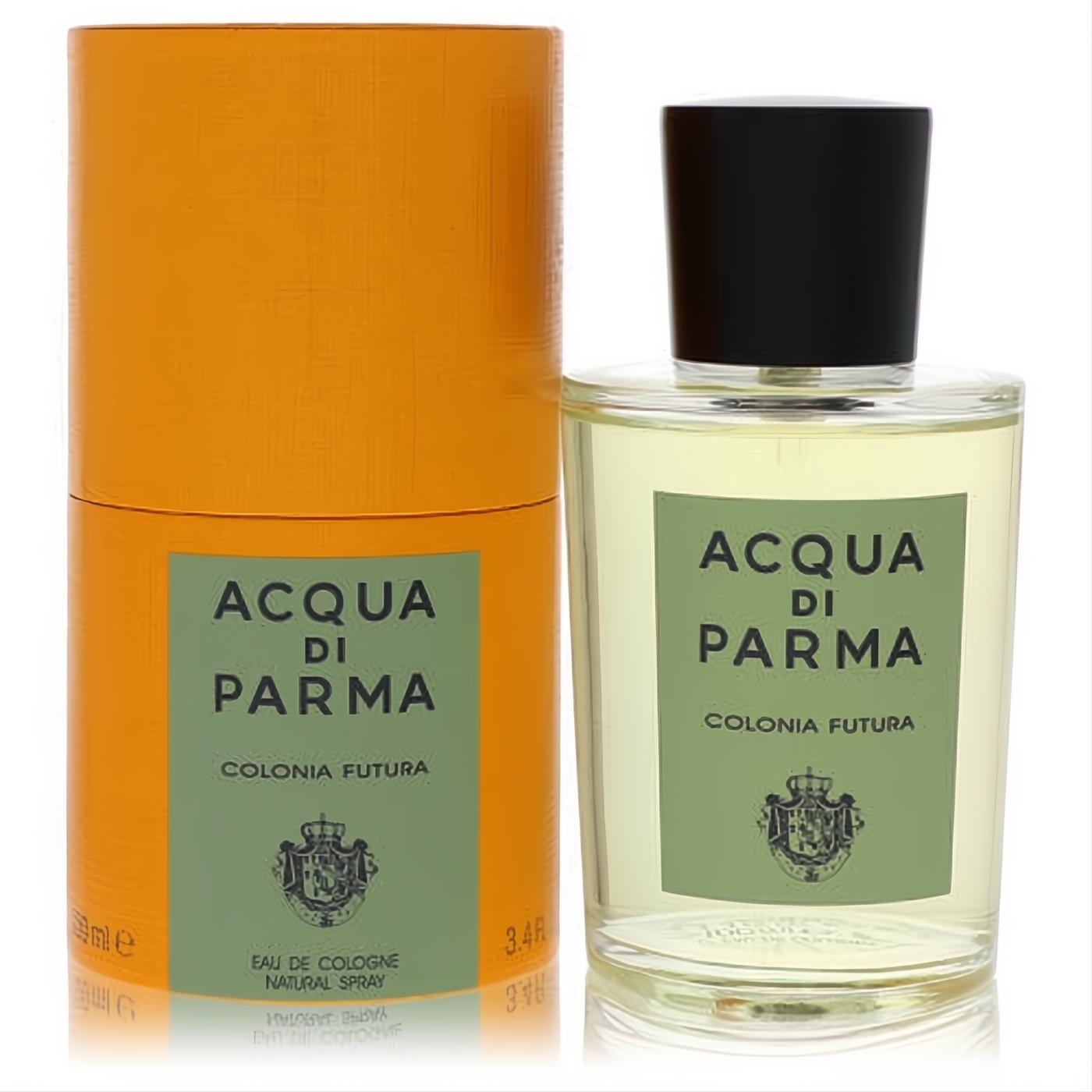 Acqua Di Parma Colonia Futura 3.4 oz unisex cologne. Clear bottle with light green liquid, black cap, and vibrant orange box.