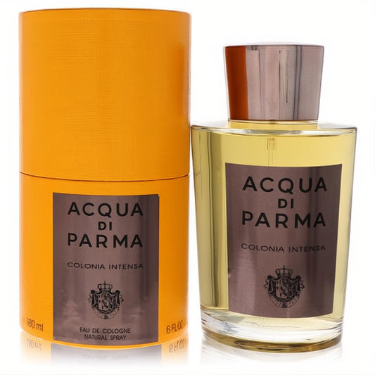 Elegant Acqua Di Parma Colonia Intensa 6 oz cologne spray, clear glass bottle with metallic cap, next to its luxurious orange textured box.