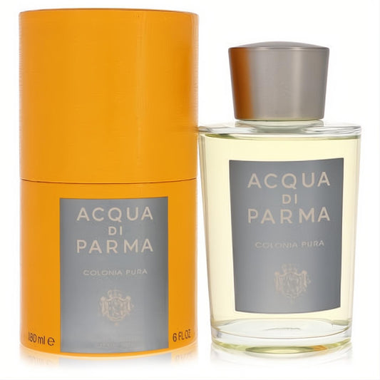 Acqua Di Parma Colonia Pura 6 oz unisex cologne: clear bottle with silver label, presented in a vibrant orange box.**