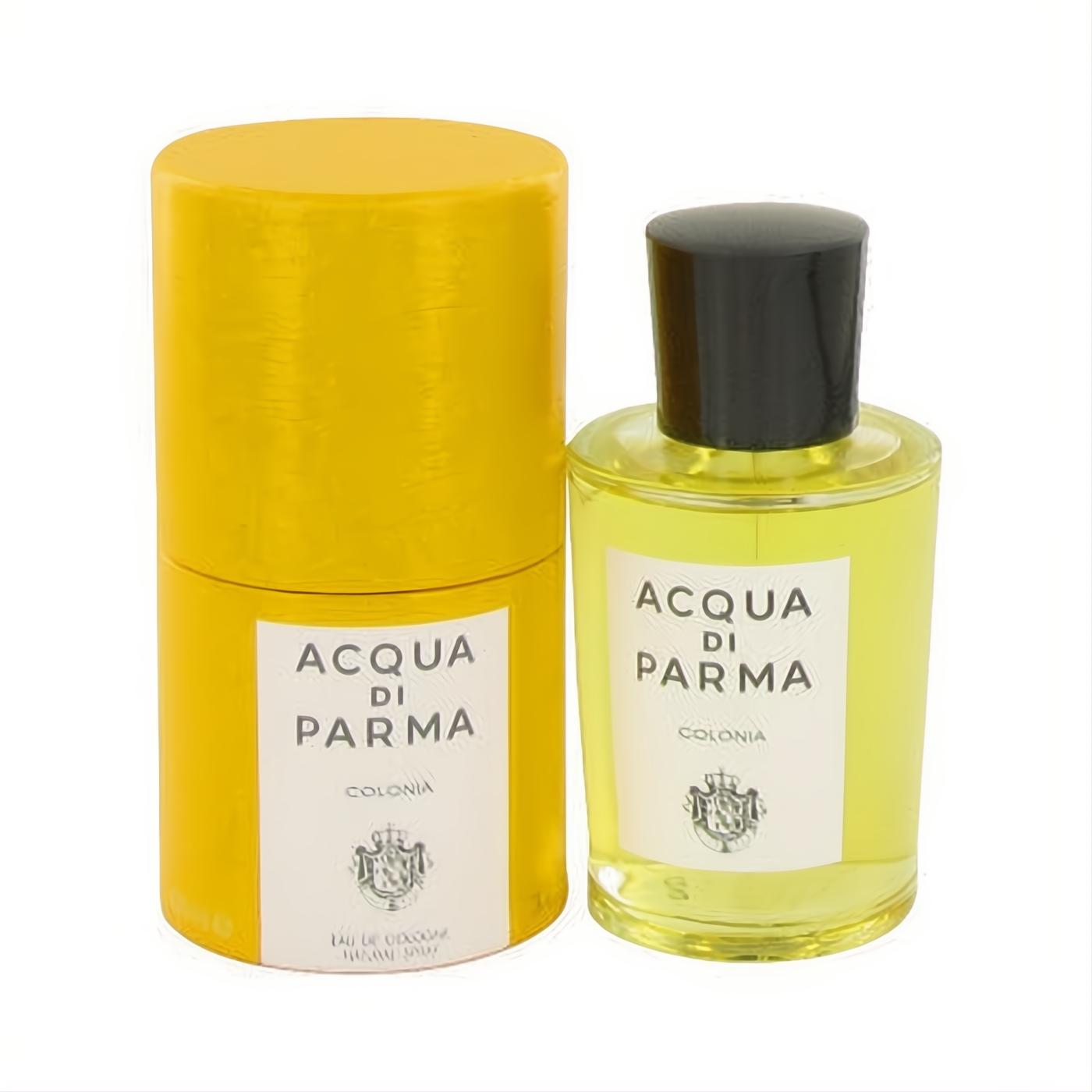 Acqua Di Parma Colonia 3.4 oz men's cologne. Clear glass bottle with black cap and signature vibrant yellow cylindrical box.