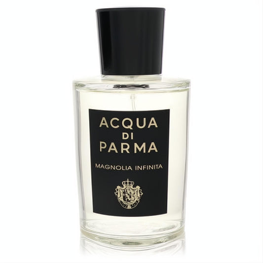 Luxurious Acqua Di Parma Magnolia Infinita EDP. Clear glass bottle, black label, gold crest, sleek black cap.