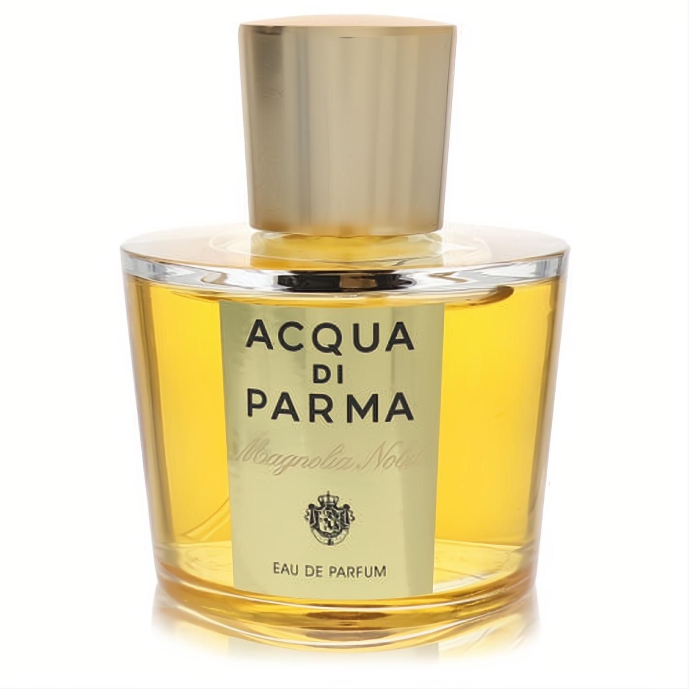 Experience Acqua Di Parma Magnolia Nobile EDP. Golden liquid in a clear glass bottle with a sleek gold cap and elegant cream label.