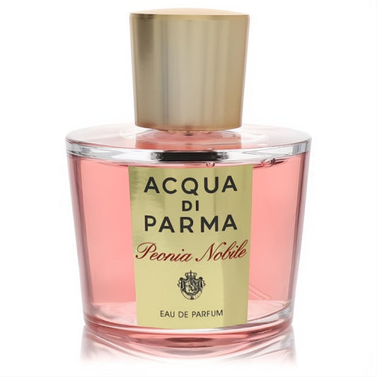 Luxurious Acqua Di Parma Peonia Nobile 3.4 oz EDP for women. Clear glass bottle with radiant pink perfume and a chic gold cap.