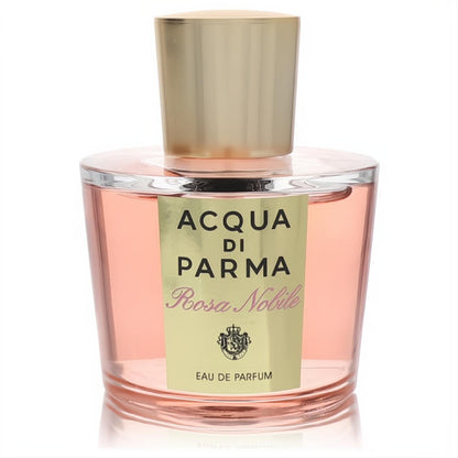 Elegant Acqua Di Parma Rosa Nobile women's Eau De Parfum spray. Clear bottle with delicate pink liquid and a luxurious gold cap.