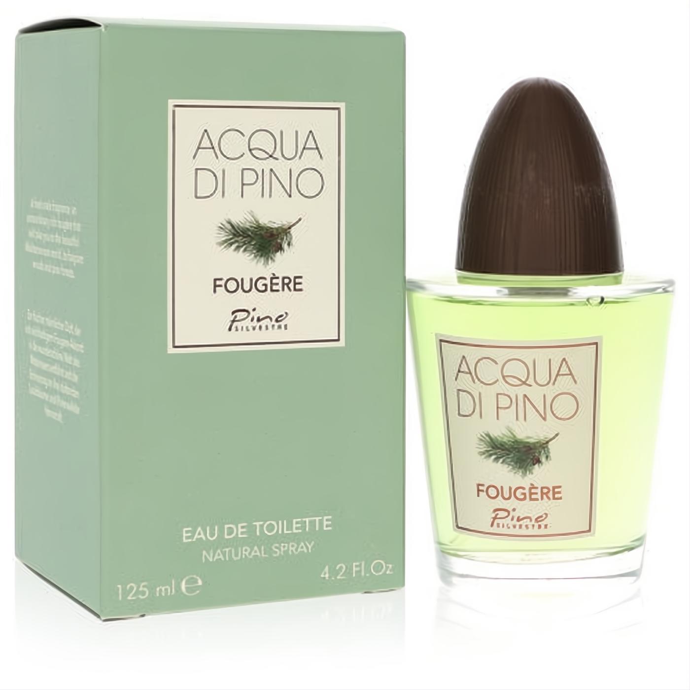 Acqua Di Pino Fougere 4.2 oz EDT spray. Invigorating green fragrance in a clear bottle with a distinctive brown pinecone cap & elegant green box.