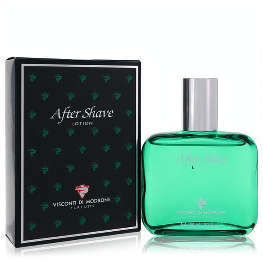 Elegant Acqua Di Selva by Visconte Di Modrone 3.4 oz men's after shave. Vibrant green bottle with silver cap, beside its sophisticated black box.