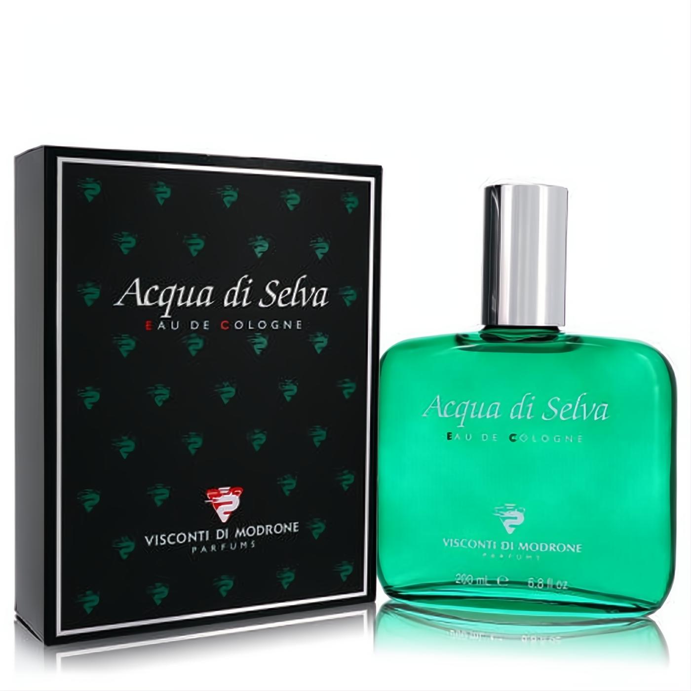 Acqua Di Selva Eau De Cologne 6.8 oz for men. Vibrant green bottle with silver cap, alongside its sophisticated black patterned box.