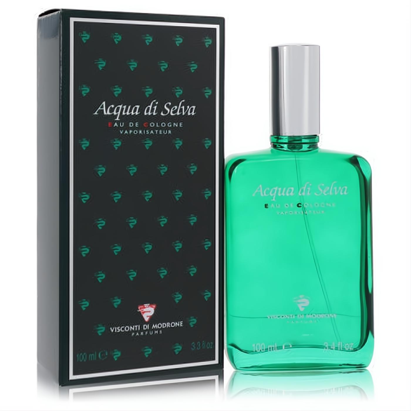 Acqua Di Selva 3.4 oz men's cologne spray. Refreshing green glass bottle with silver cap, beside its sophisticated black box.