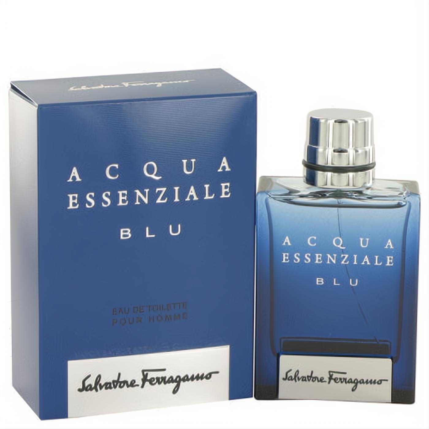 Salvatore Ferragamo Acqua Essenziale Blu men's EDT. Bold blue glass bottle & box with sleek silver cap.
