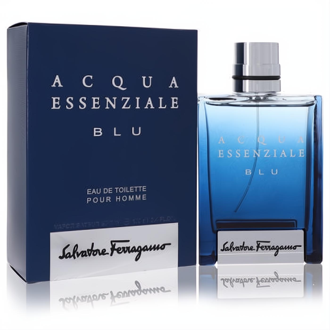 Salvatore Ferragamo Acqua Essenziale Blu 3.4 oz men's EDT spray in a vibrant blue glass bottle with silver trim, next to its sleek dark blue box.