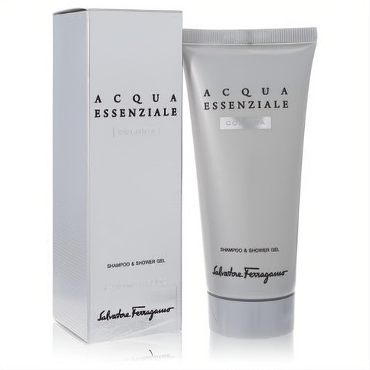 Luxurious Salvatore Ferragamo Acqua Essenziale Colonia shower gel in a sleek silver tube and elegant matching box.