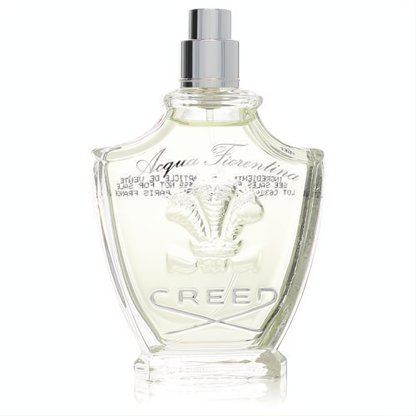 Creed Acqua Fiorentina 2.5 oz Eau De Parfum tester. Elegant clear shield bottle, pale liquid, silver cap, and iconic crest.