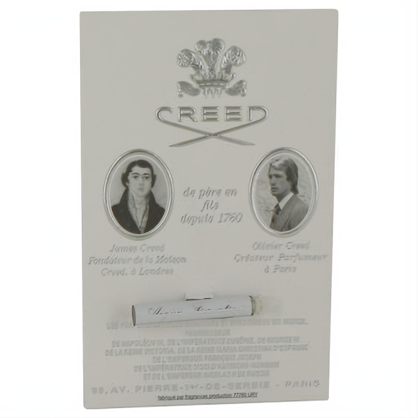 Experience Creed Acqua Fiorentina .05 oz perfume sample vial on an elegant silver card, featuring the iconic embossed logo and founder portraits.