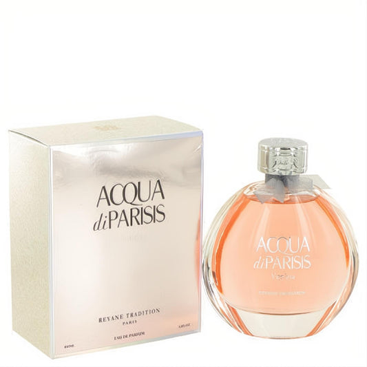 Acqua di Parisis Venizia women's Eau de Parfum. Elegant peach perfume in a clear glass bottle with silver cap, beside its shimmering box.