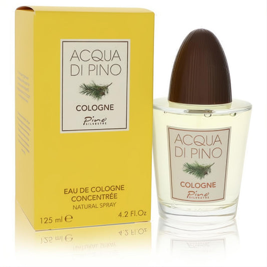 Acqua di Pino 4.2 oz men's cologne in a vibrant yellow box and sleek clear glass bottle with a unique brown cap.