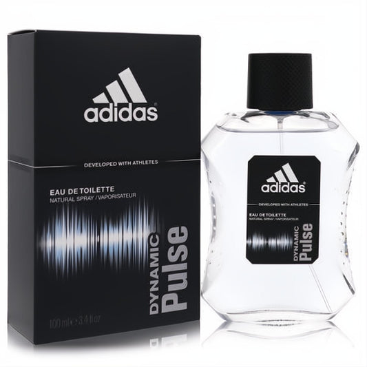 Adidas Dynamic Pulse 3.4 oz men's Eau De Toilette. Clear faceted bottle with black cap and label, next to its sleek black box with sound wave graphic.