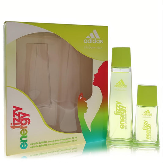 Unleash energy with Adidas Fizzy Energy women's gift set: 2.5 oz & 1 oz EDT sprays in sleek clear bottles with lime green caps.