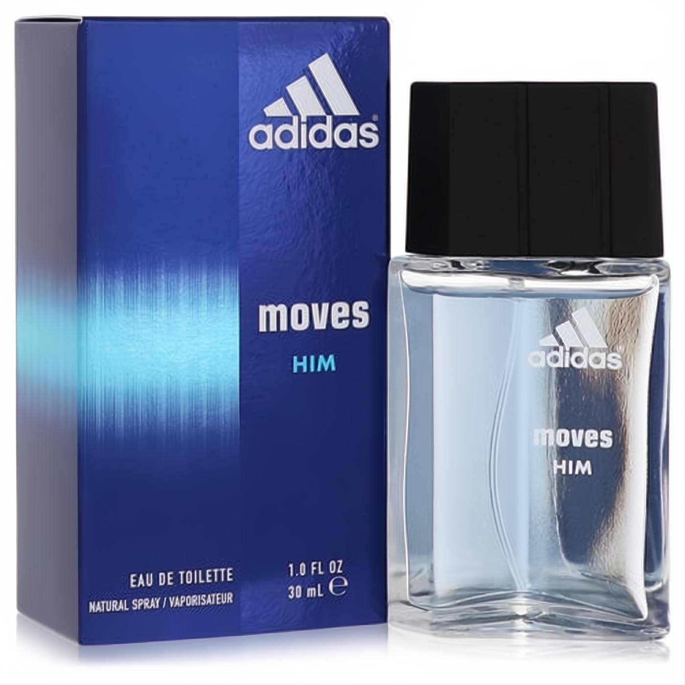 Adidas Moves Him 1 oz Eau De Toilette. Clear glass bottle with refreshing light blue fragrance, sleek black cap, and dynamic blue box.