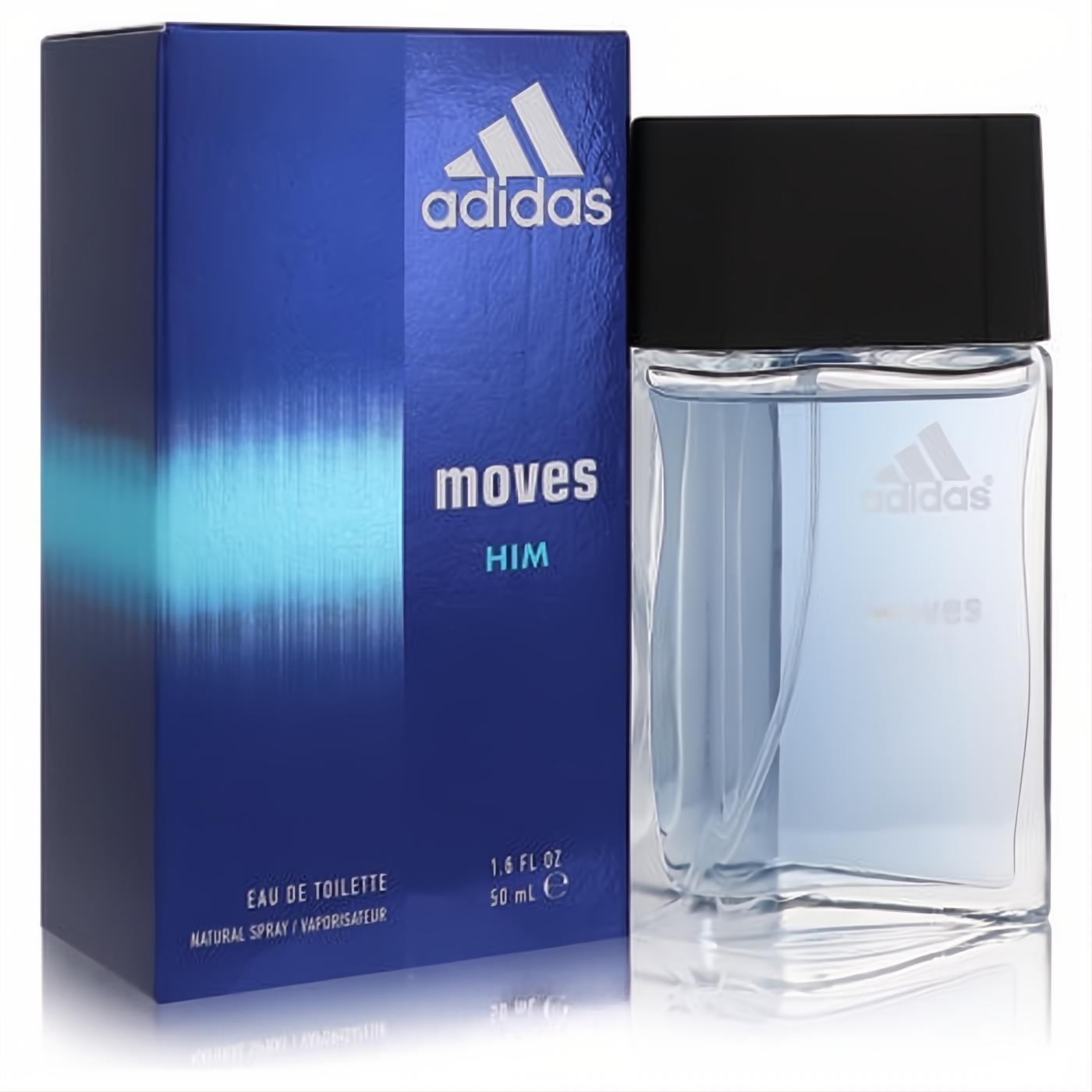 Adidas Moves for Him 1.6 oz EDT. Clear glass bottle with light blue fragrance, black cap, next to a vibrant blue box with wave design.