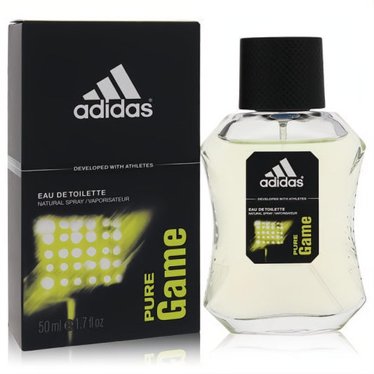 Adidas Pure Game 1.7 oz EDT spray. Dynamic clear glass bottle with black cap, bold green "Pure Game" design, and sleek black box.