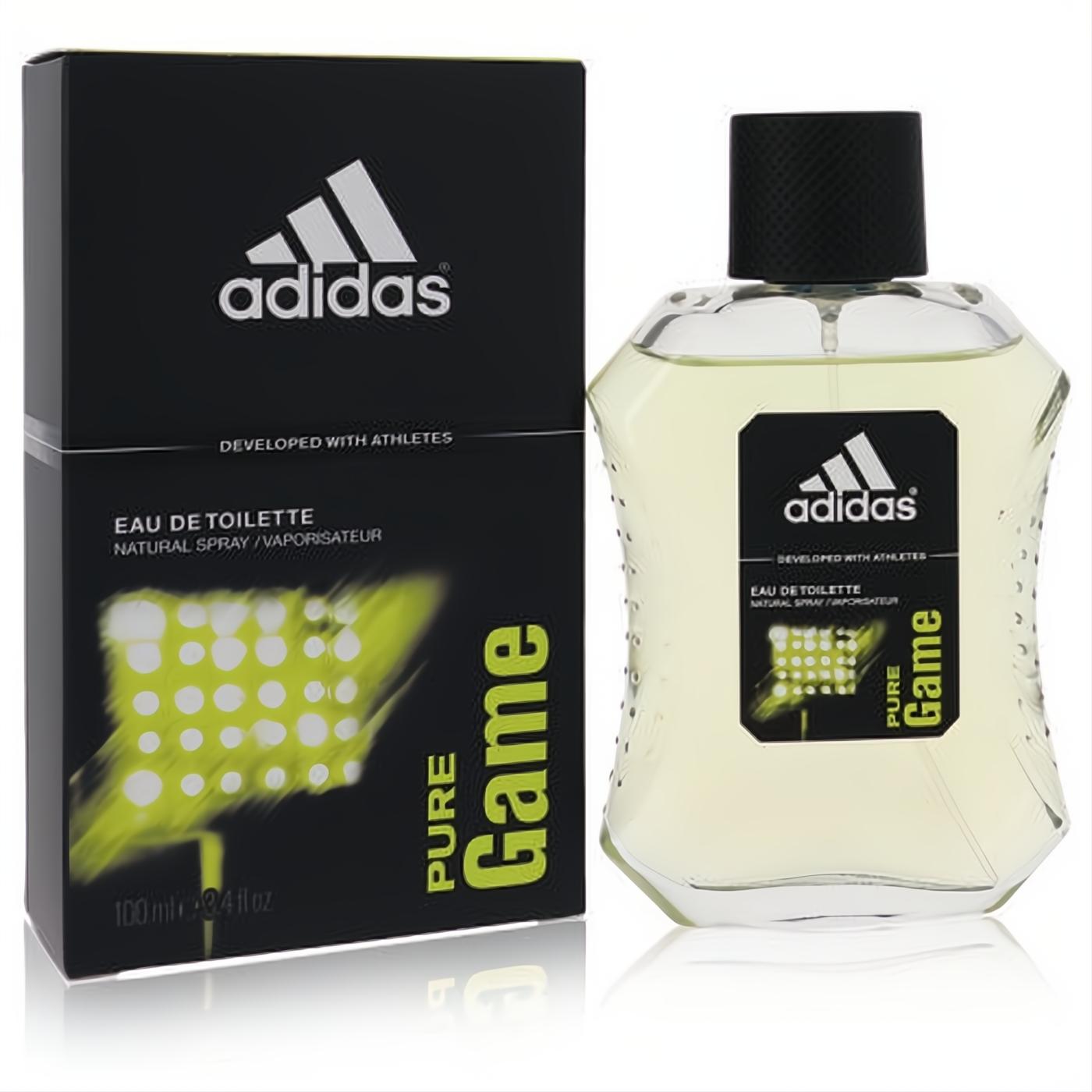 Adidas Pure Game 3.4 oz EDT. Dynamic clear glass bottle with black cap, alongside its bold black box featuring vibrant lime green details.