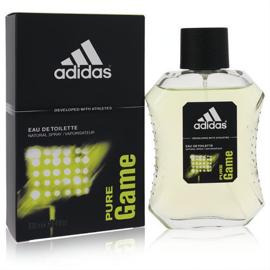 Adidas Pure Game 3.4 oz EDT. Dynamic clear glass bottle with black cap, alongside its bold black box featuring vibrant lime green details.