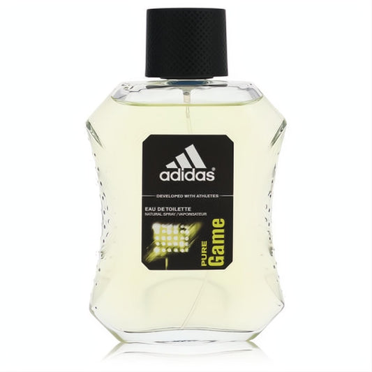 Energizing Adidas Pure Game men's EDT in a clear, athletic-design bottle with pale yellow liquid, black cap, and bold black and green label.