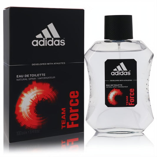 Adidas Team Force men's 3.4 oz EDT. Clear faceted bottle, black cap, and sleek black box with bold red graphic.