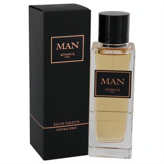 Adnan Man Eau De Toilette 3.4 oz, featuring a sophisticated black box and clear bottle with warm amber fragrance, copper "MAN" label.
