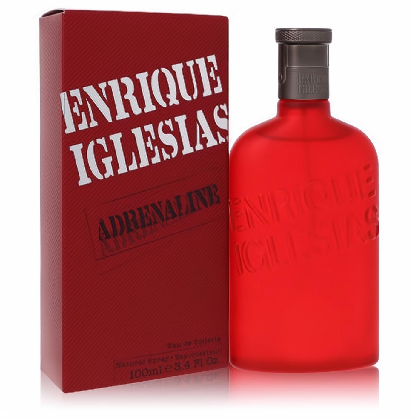 Striking red Enrique Iglesias Adrenaline 3.4 oz EDT spray bottle with embossed logo and sleek matching textured box.