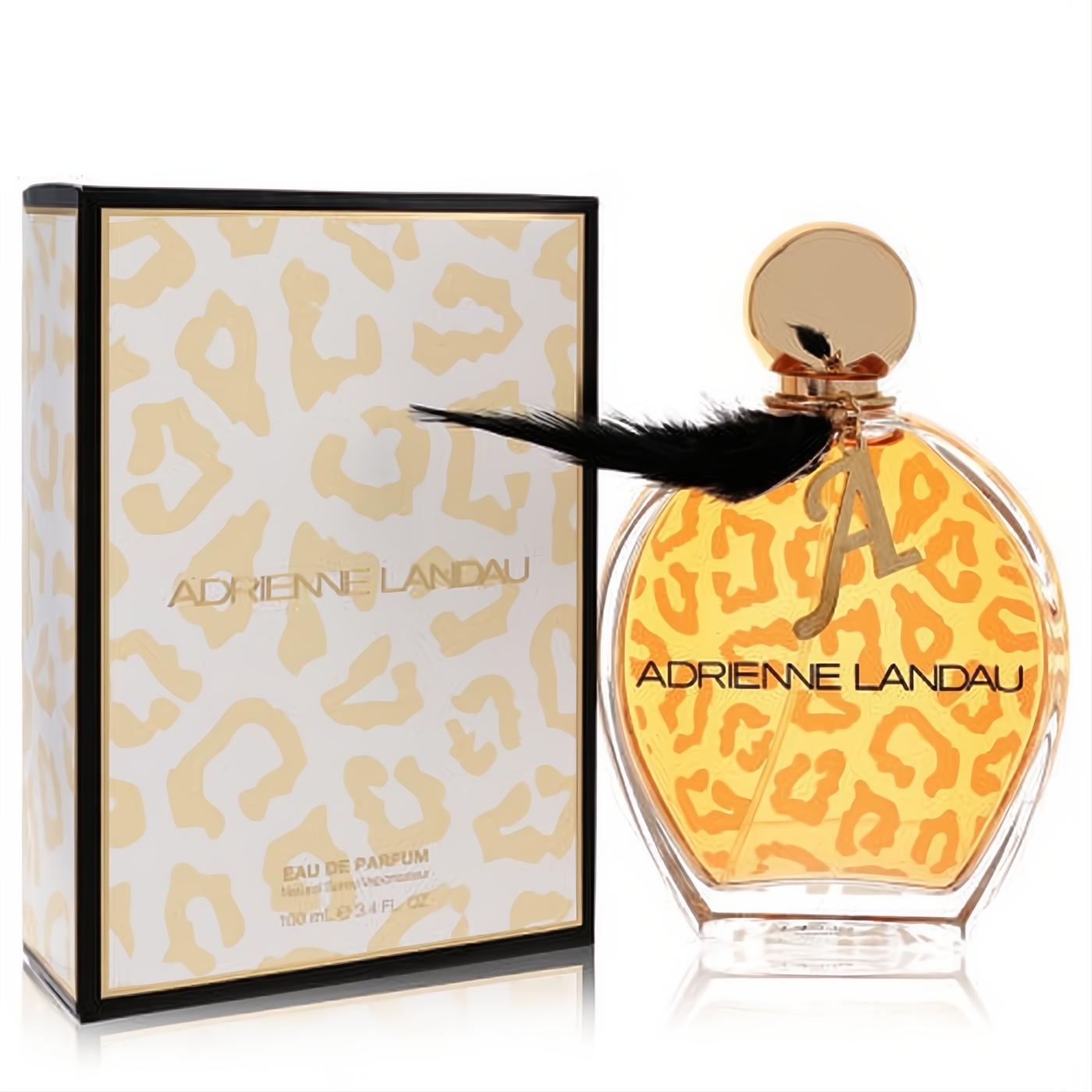 Adrienne Landau 3.4 oz Eau De Parfum. Luxurious leopard print glass bottle with amber liquid, gold cap, and black feather charm.