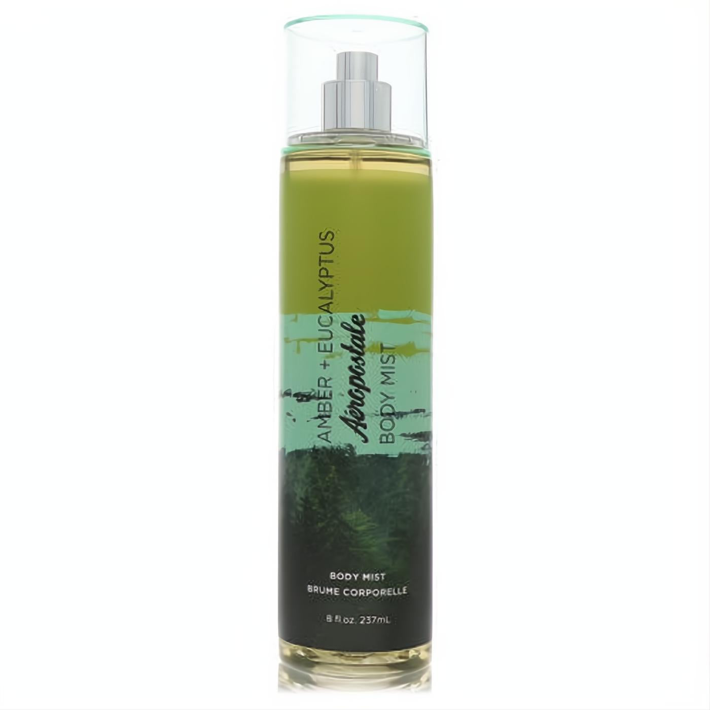Aeropostale Amber & Eucalyptus 8 oz body mist. Clear bottle with refreshing green forest design, metallic sprayer, and clear cap.